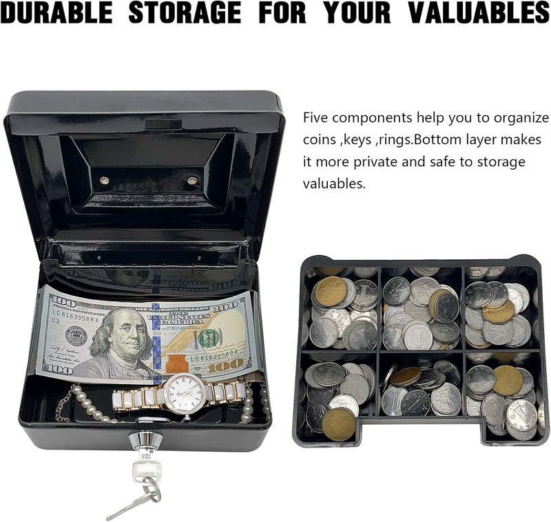 PACOLO Steel Cash Box with Key Lock, Metal Small Money Organizer with Money Tray,Cash Storage Box with Lockable Cover (Red - 6 inch) - Image 4